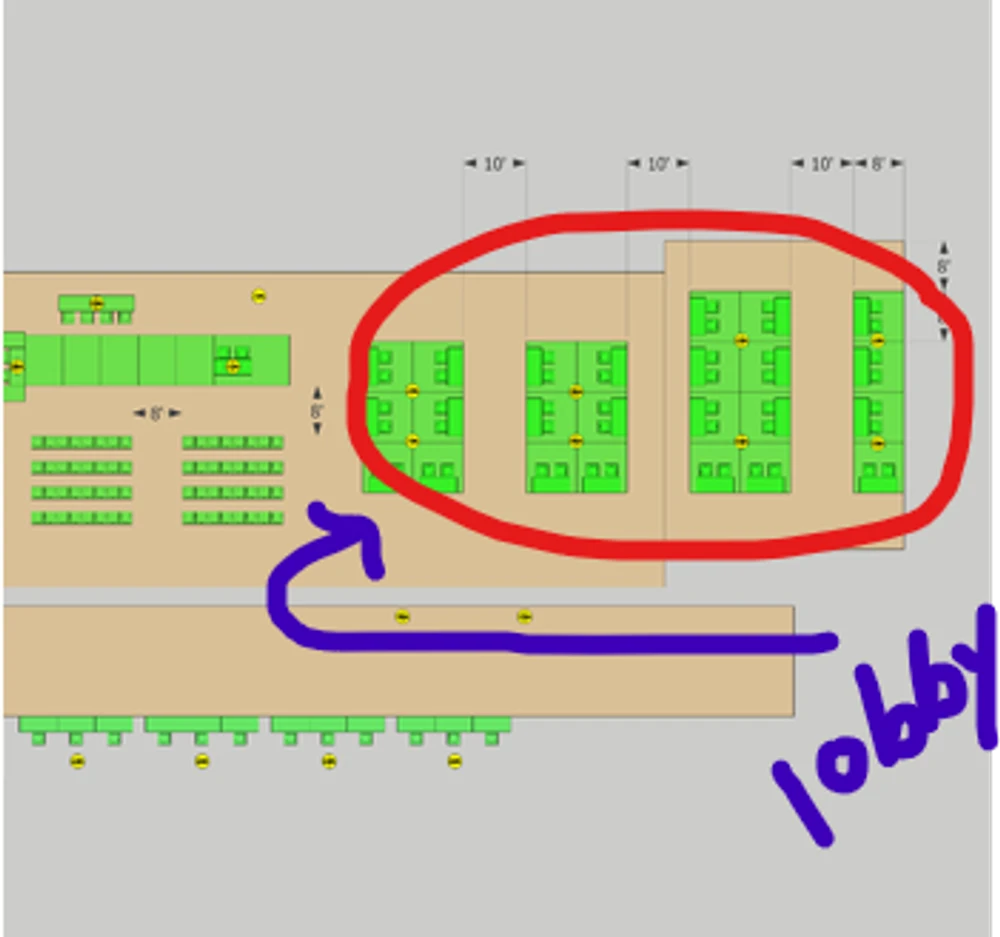 Floor plan of the Ballroom and East Ballroom showing the vendor and artist booth area to the right of the stage, with the lobby entrance marked